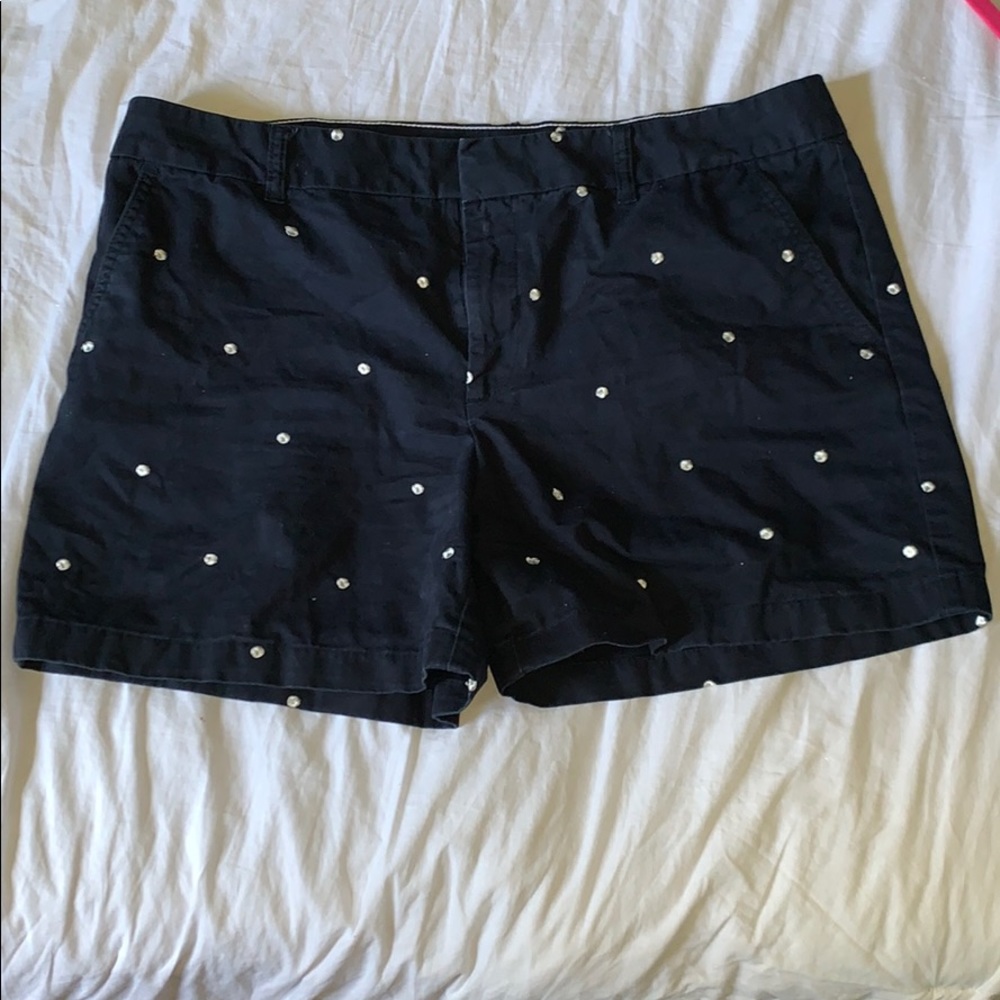 Navy blue and white polka dotted mom shorts